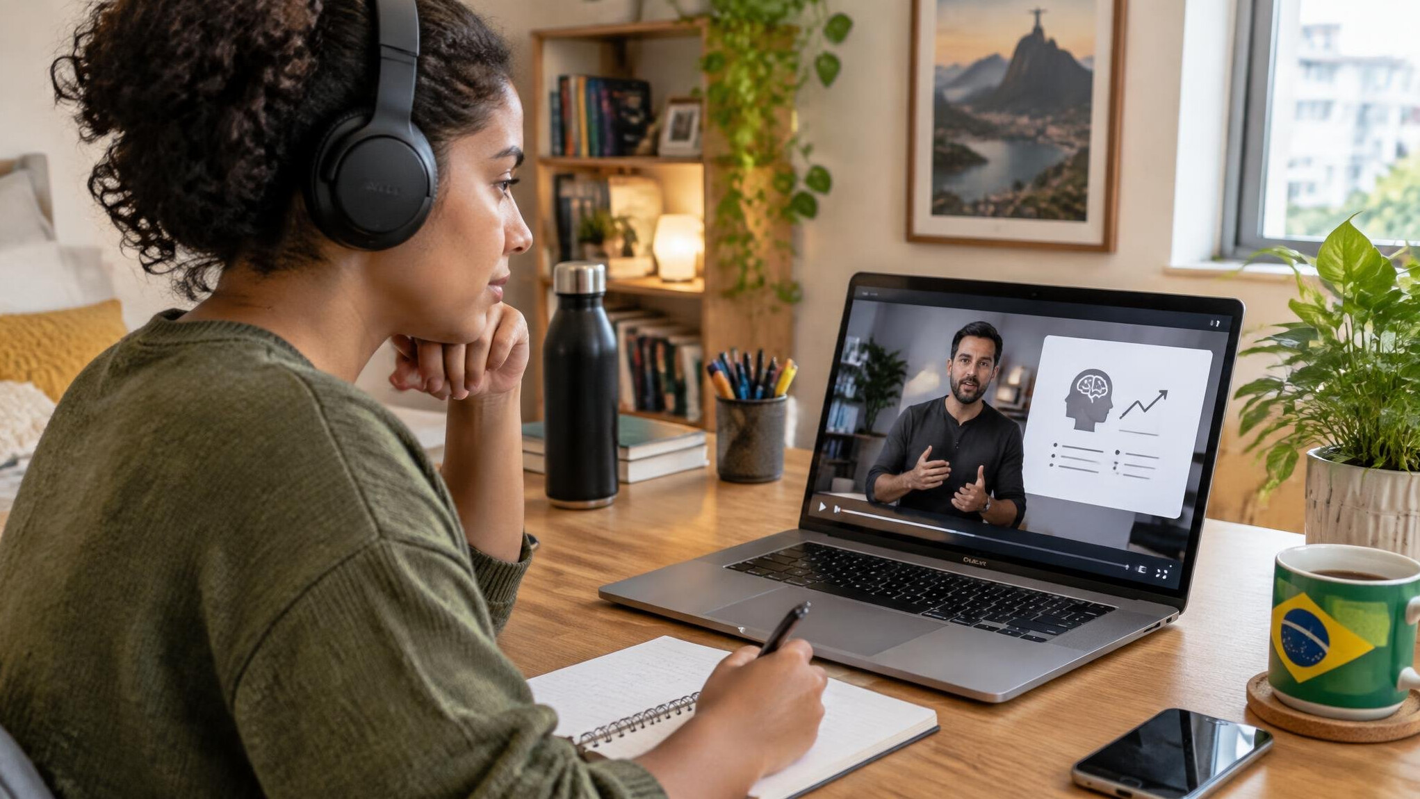 Focused person taking an online personal development course at home