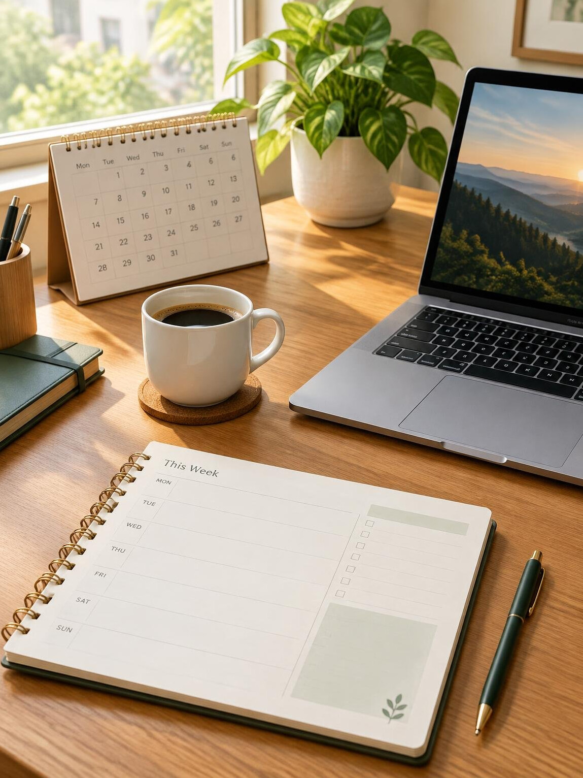 Organized desk with planner calendar and laptop for productivity